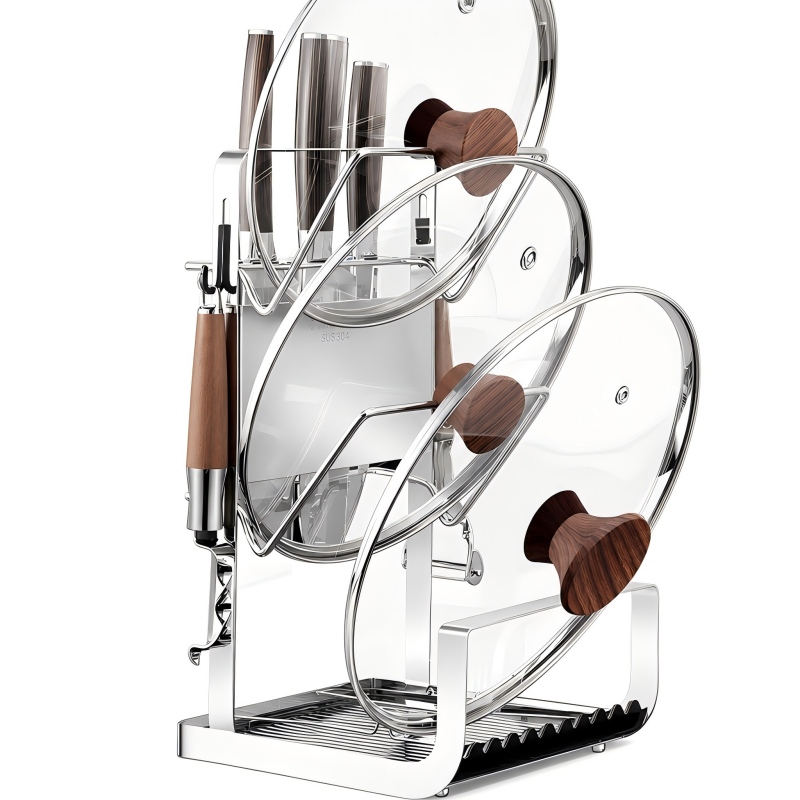 Countertop Pot Lid Holder, 3-tier free-standing rack for pot lids & cutting boards on kitchen counter