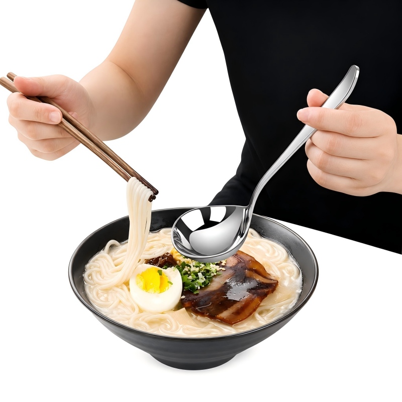 Long-handle Soup Spoon, Korean-style deep large head; for soup, ramen & congee, daily household dining spoon