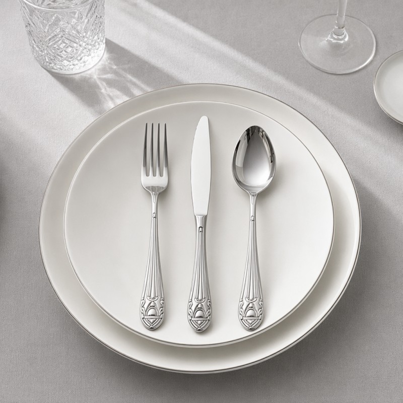 Vintage Embossed Pattern 3-Piece Western Cutlery_Setup Photo on Light Grey Linen Tablecloth