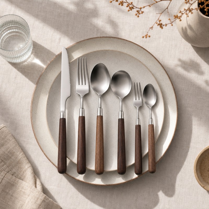 Walnut Wood Handle Stainless Steel Flatware 6-Piece Set_Wabi-Sabi Wooden Tone Dining Table Photography