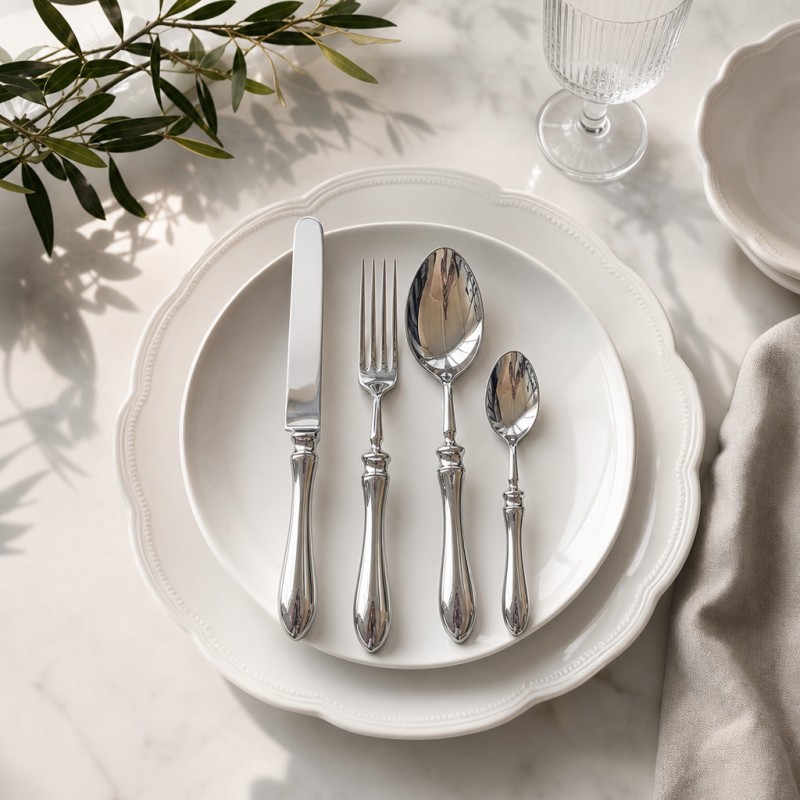 Retro Curved Slim Handle Silver Cutlery 4-Piece Set_Marble Table with Olive Branch Home Decor Shot