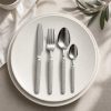 Stone Grain Embossed Handle Stainless Steel Knife Fork Spoon_Minimalist Plain White Round Plate Still Life