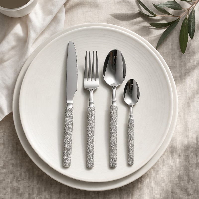 Stone Grain Embossed Handle Stainless Steel Knife Fork Spoon_Minimalist Plain White Round Plate Still Life