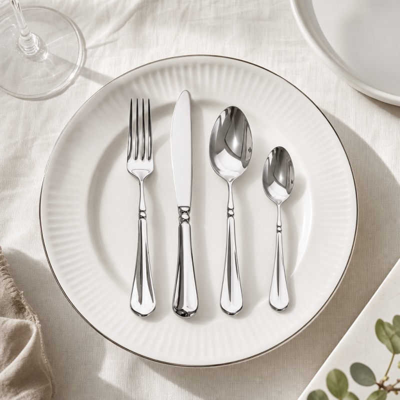 Minimalist Bead Trim Shiny Silver Flatware 4-Piece Set_Ribbed Embossed White Ceramic Plate Table Shot