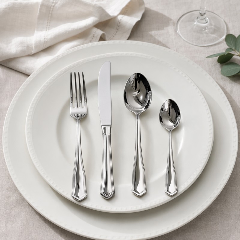 Geometric Border Embossed Western Cutlery 4-Piece Set_Double-Layer Plain White Plate Soft Shadow Photo
