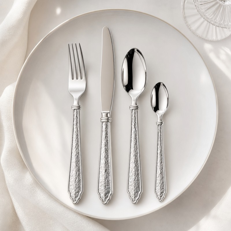 Antique Hammered Embossed Silver Flatware 4-Piece Set_Soft Light Linen Fabric Tabletop Still Life Photography